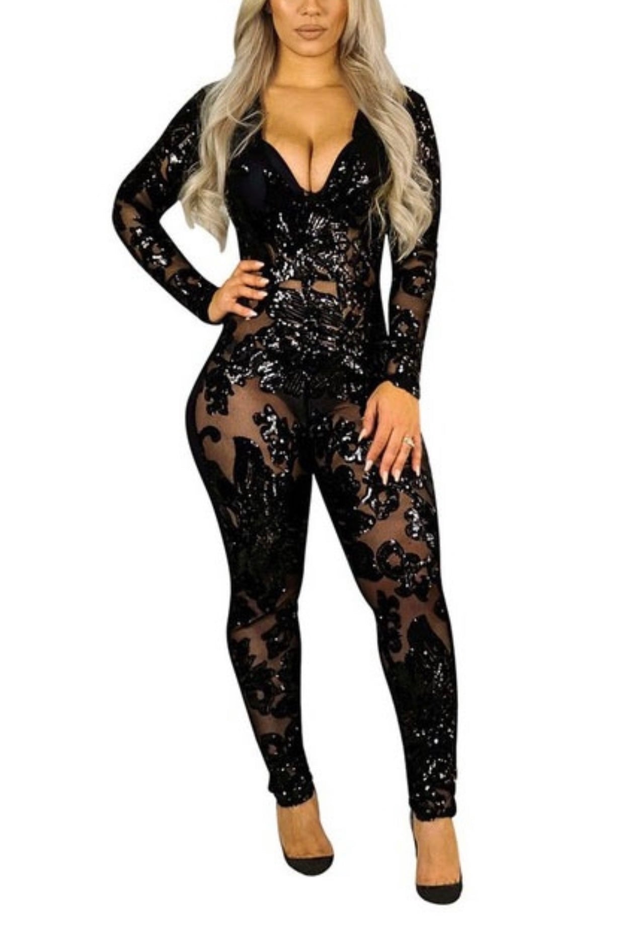 Black Sheer and Sequins Jumpsuit